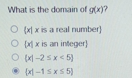 What is the domain of g(x) ? x|x is a real number x|x is an integer x|-2≤ x