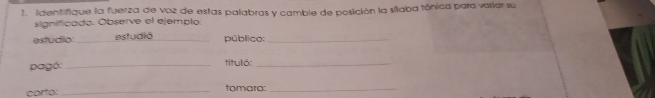 identifique la fuerza de voz de estas palabras y cambie de posición la sílaba tónica para variar su 
significado. Observe el ejemplo: 
estudio: _estudió_ público:_ 
pagó:_ 
tituló:_ 
corto:_ 
tomara:_