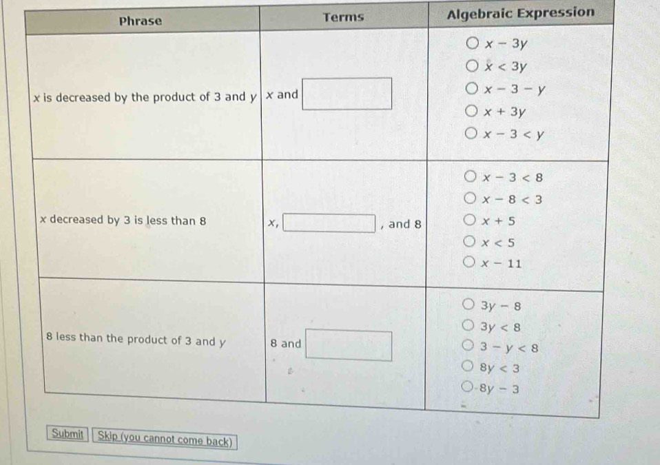 Phrase Terms Algebraic Expression
ack)