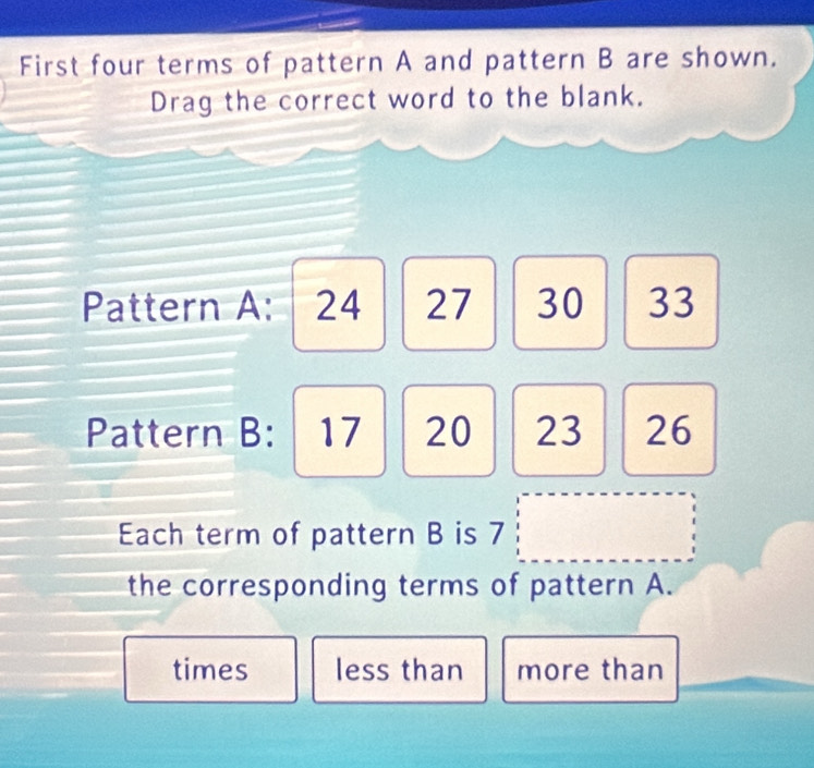 First four terms of pattern A and pattern B are shown.
Drag the correct word to the blank.
Pattern A: 24 27 30 33
Pattern B: 17 20 23 26
Each term of pattern B is 7
the corresponding terms of pattern A.
times less than more than