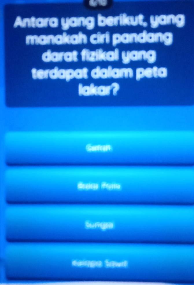 Antara yang berikut, yang 
manakah ciri pandang 
darat fizikal yang 
terdapat dalam peta 
lakar? 
Soten