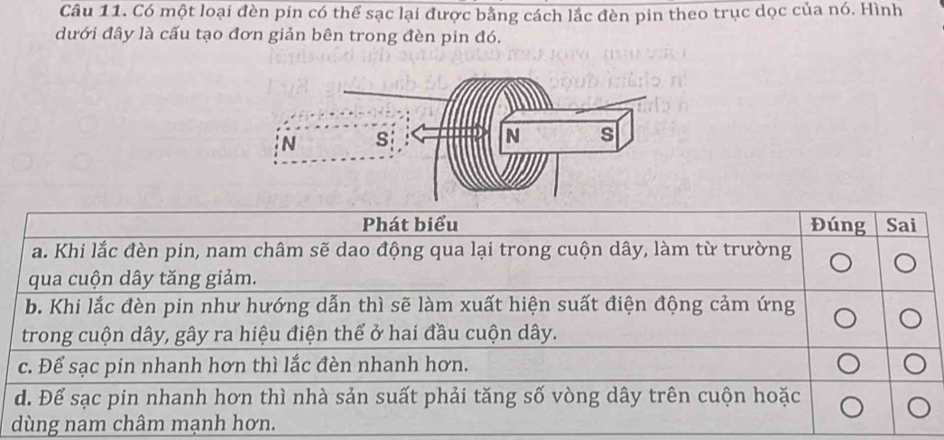 Có một loại đèn pin có thể sạc lại được bằng cách lắc đèn pin theo trục dọc của nó. Hình
dưới đây là cấu tạo đơn giản bên trong đèn pin đó.
Phát biểu Đúng Sai
a. Khi lắc đèn pin, nam châm sẽ dao động qua lại trong cuộn dây, làm từ trường
qua cuộn dây tăng giảm.
b. Khi lắc đèn pin như hướng dẫn thì sẽ làm xuất hiện suất điện động cảm ứng
trong cuộn dây, gây ra hiệu điện thể ở hai đầu cuộn dây.
c. Để sạc pin nhanh hơn thì lắc đèn nhanh hơn.
d. Để sạc pin nhanh hơn thì nhà sản suất phải tăng số vòng dây trên cuộn hoặc
dùng nam châm mạnh hơn.