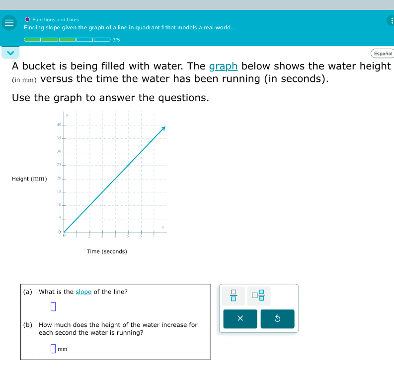 Functions and Lines 
. 
Finding slope given the graph of a line in quadrant 1 that models a real-world...
3/5
Español 
A bucket is being filled with water. The graph below shows the water height 
(in mm) Versus the time the water has been running (in seconds). 
Use the graph to answer the questions. 
Height (mm) 
Time (seconds) 
(a) What is the slope of the line?
 □ /□   □  □ /□  
× 
(b) How much does the height of the water increase for 
each second the water is running?
mm