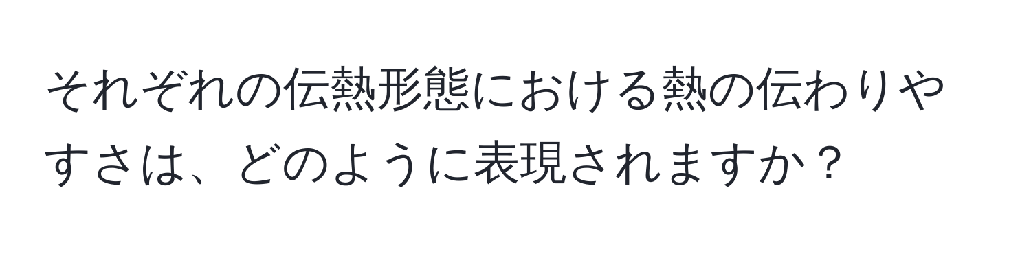 それぞれの伝熱形態における熱の伝わりやすさは、どのように表現されますか？