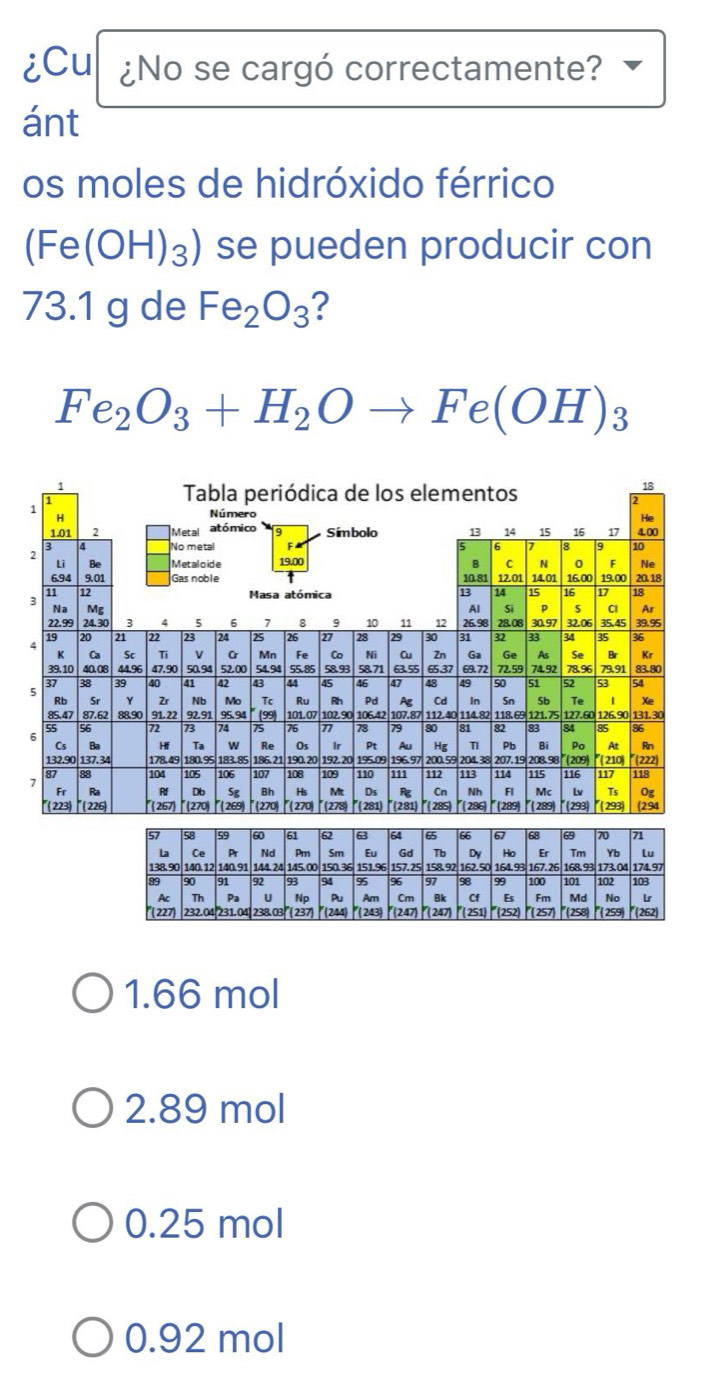 iCu ¿No se cargó correctamente?
ánt
os moles de hidróxido férrico
(Fe(OH)_3) se pueden producir con
73.1 g de Fe_2O_3 ?
Fe_2O_3+H_2Oto Fe(OH)_3
1.66 mol
2.89 mol
0.25 mol
0.92 mol