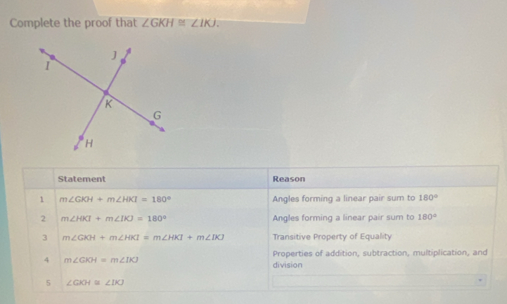 Complete the proof that ∠ GKH≌ ∠ IKJ. 
Statement Reason 
1 m∠ GKH+m∠ HKI=180° Angles forming a linear pair sum to 180°
2 m∠ HKI+m∠ IKJ=180° Angles forming a linear pair sum to 180°
3 m∠ GKH+m∠ HKI=m∠ HKI+m∠ IKJ Transitive Property of Equality 
Properties of addition, subtraction, multiplication, and 
4 m∠ GKH=m∠ IKJ
division 
5 ∠ GKH≌ ∠ IKJ