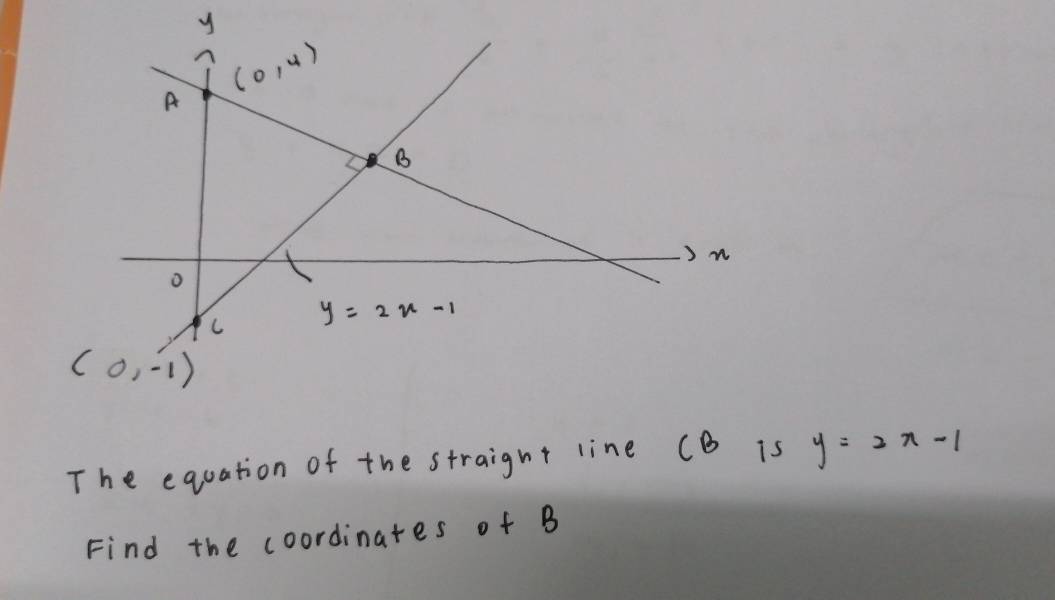 The equation of the straignt line CB is y=2x-1
Find the coordinates of B