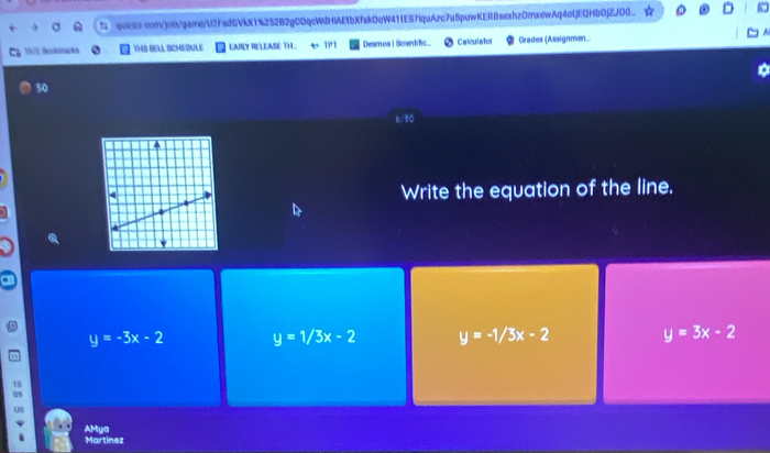 quizs2.convjoin/gamo/U2fsdGVkX1%252B2gCOqcWdHIAEtbXfskOoW41fES7iquAzc7u5puwKERBsexhzOmxewAq4oljEQHbOjZJO0
UAEE leokina/ka THS BELA SCHEDAE EARLY RELEASE TH. 11 Desmos |Scientif.... Calculator Grades (Assignmen...
50
6/30
Write the equation of the line.
y=-3x-2 y=1/3x-2 y=-1/3x-2 y=3x-2
AMya
Martinez