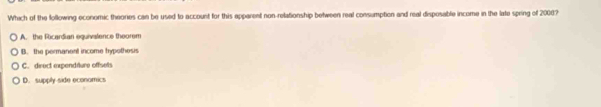 Which of the following economic theories can be used to account for this apparent non-relationship between real consumption and real disposable income in the late spring of 2008?
A. the Ricardian equivalence theorem
B. the permanent income hypothesis
C. direct expenditure offsets
D. supply side economics