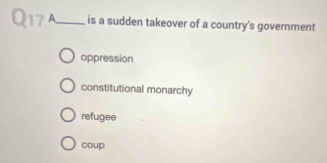 A_ is a sudden takeover of a country's government
oppression
constitutional monarchy
refugee
coup