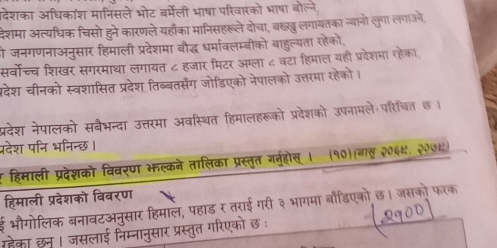 देशका अधिकांश मानिसले भोट बर्मेली भाषा परिवारको भाषा बोल्ने 
देशमा अत्यधिक चिसो हुने कारणले यहाँका मानिसहरूले दोचा, बखखु लगायतका न्यानो लुगा लाओं, 
गो जनगणनाअनुसार हिमाली प्रदेशमा बौद्ध धर्मावलम्बीको बाहुल्यता रहेको, 
सर्वोच्च शिखर सगरमाथा लगायत ८ हजार मिटर अम्ला ८ बटा हिमाल यही प्रदेशमा रहेका, 
देश चीनको स्वशासित प्रदेश तिब्बतसंग जोडिएको नेपालको उत्तरमा रहेको। 
प्रदेश नेपालको सबैभन्दा उत्तरमा अवस्थित हिमालहरूको प्रदेशको उपनामले परिचित छ। 
पदेश पनि भनिन्छ। 
( हिमाली प्रदेशको विवरण भल्कने तालिका प्रस्त गर्नहोस् । (१०)(गात २००४, २०७४) 
हिमाली प्रदेशको विवरण 
ई भौगोलिक बनावटअनुसार हिमाल, पहाड र तराई गरी ३ भागमा बौडिएको छ। जसको फरक 
गहेका छन। जसलाई निम्नानुसार प्रस्तुत गरिएको छ :