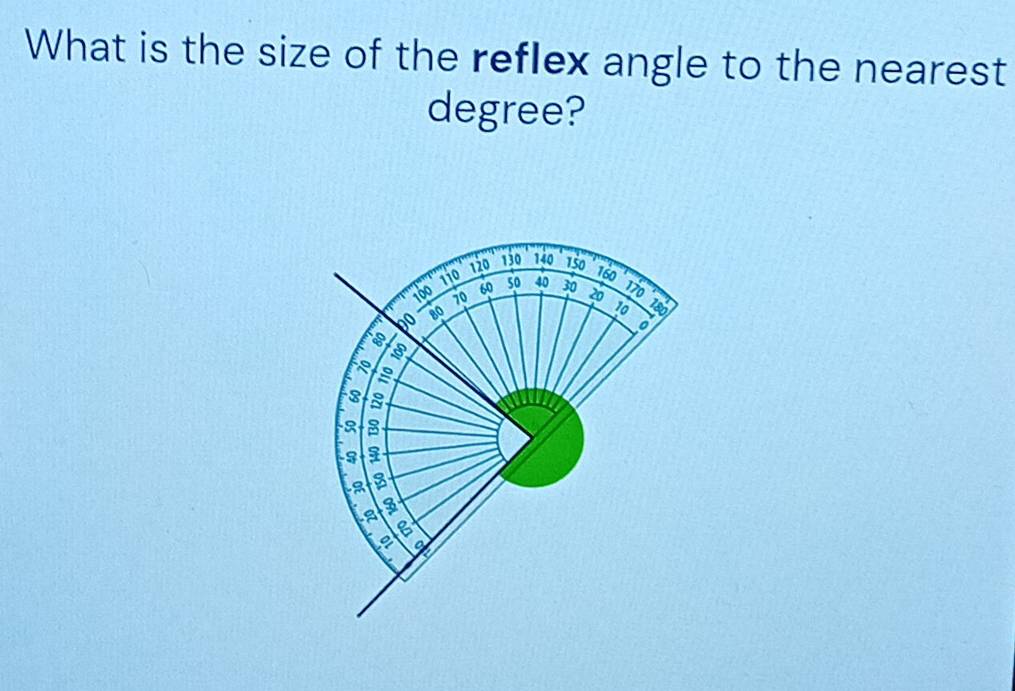 Solved: What is the size of the reflex angle to the nearest degree? 120 ...