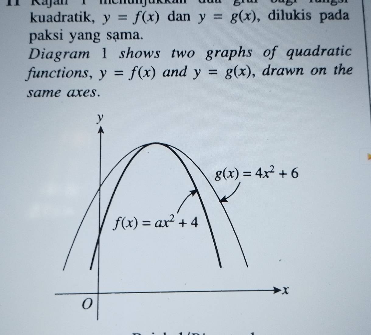 Rajan  I              
kuadratik, y=f(x) dan y=g(x) , dilukis pada
paksi yang sạma.
Diagram 1 shows two graphs of quadratic
functions, y=f(x) and y=g(x) , drawn on the
same axes.