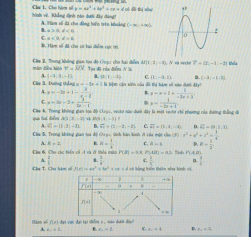 Hội t si chi chện một phương an
Câu 1. Cho hàm số y=ax^3+bx^2+cx+d có dồ thị như
hình vẽ. Khẳng định nào dưới đây đúng?
A. Hàm số đã cho đồng biến trên khoảng (-∈fty ;+∈fty ).
B. a>0,d<0.
C. a<0,d>0.
D. Hàm số đã cho có hai điểm cực trị.
Câu 2. Trong không gian tọa độ Oxyz cho hai điểm M(1;2;-3) ,N và vecto vector v=(2;-1;-2) thỏa
mán diều kiện vector u=vector MN Tọa độ của điểm N là
A. (-1;3;-1). B. (3;1;-5). C. (1;-3;1). D. (-3;-1;5).
Câu 3. Đường thẳng y=-2x+1 là tiệm cận xiên của đồ thị hàm shat 0 nào dưới đây?
A. y=-2x+1- 3/x-2 . y=x+1+ 1/-2x+1 .
B.
C. y=3x-2+ 3/2x-1 . y= 1/-2x+1 .
D.
Câu 4. Trong không gian tọa độ Ozyz, vectơ nào dưới đây là một vectơ chỉ phương của đường thẳng đi
qua hai điểm A(1;3;-3) và B(0;1;-1) ?
A. vector u_1=(1;2;-2). B. vector u_2=(1;-2;-2). C. vector u_3=(1;4;-4). D. vector u_4=(0;1;1).
Câu 5. Trong không gian tọa độ Ozyz, tính bán kính R của mặt cầu (S) : x^2+y^2+z^2= 1/4 .
A. R=2. B. R= 1/4 . C. R=4. D. R= 1/2 .
Câu 6. Cho các biến cố A và B thỏa mãn P(B)=0.8;P(AB)=0.5. Tính P(A|B).
A.  2/5 .  5/8 . C.  1/5^(·)  D.  3/5 .
B.
Cầu 7. Cho hàm số f(x)=ax^3+bx^2+cx+d có bảng biến thiên như hình vẽ.
Hàm số f(x) đạt cực đại tại điểm x。 nào dưới đây?
A. x_c=1. B. x_circ =2. C. x_o=4. D. x_o=5.