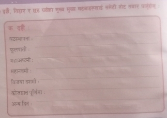 द्ं, तिहार र घठ परवंका मुख्य मुख्य घटनाहरूलाई समेटी नोट तवार पानुहोन 
क. दश : 
_ 
_ 
_ 
घटस्थापना : 
_ 
_ 
फूलपाती ः 
_ 
महाअष्टमी : 
महानवमी : 
_ 
_ 
विजया दशमी : 
_ 
_ 
कोजाग्रत पूर्णिमा ः 
अन्य दिन :