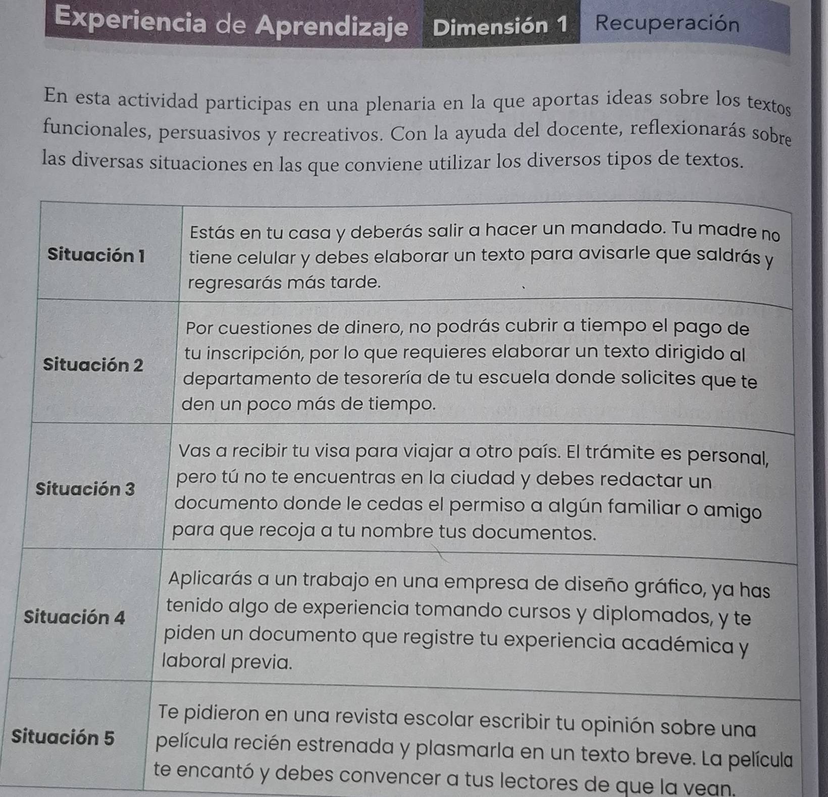 Experiencia de Aprendizaje Dimensión 1 Recuperación 
En esta actividad participas en una plenaria en la que aportas ideas sobre los textos 
funcionales, persuasivos y recreativos. Con la ayuda del docente, reflexionarás sobre 
las diversas situaciones en las que conviene utilizar los diversos tipos de textos. 
S 
Si 
te encantó y debes convencer a tus lectores de que la vean.