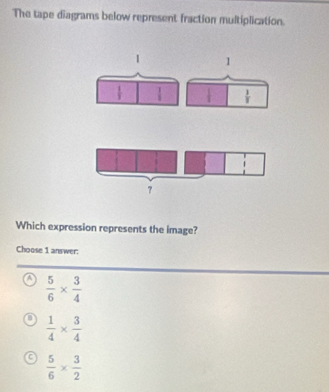 The tape diagrams below represent fraction multiplication.
1
1
 1/3   1/6 
 1/π  
Which expression represents the image?
Choose 1 answer:
a  5/6 *  3/4 
a  1/4 *  3/4 
a  5/6 *  3/2 