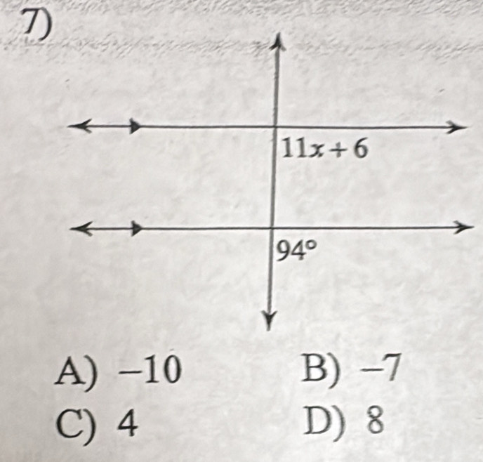 A) −10 B) −7
C) 4 D) 8