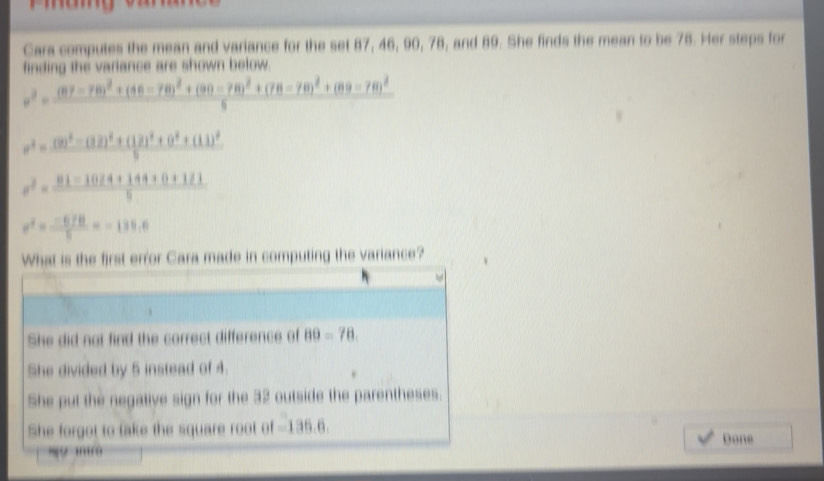 Solved: Cara computes the mean and variance for the set 87, 46, 90, 76 ...
