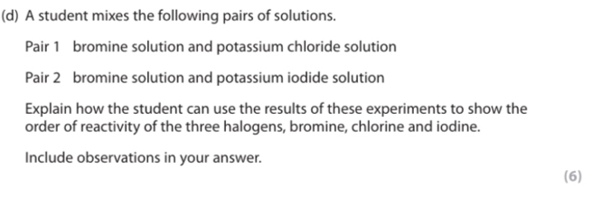 A student mixes the following pairs of solutions. 
Pair 1 bromine solution and potassium chloride solution 
Pair 2 bromine solution and potassium iodide solution 
Explain how the student can use the results of these experiments to show the 
order of reactivity of the three halogens, bromine, chlorine and iodine. 
Include observations in your answer. 
(6)