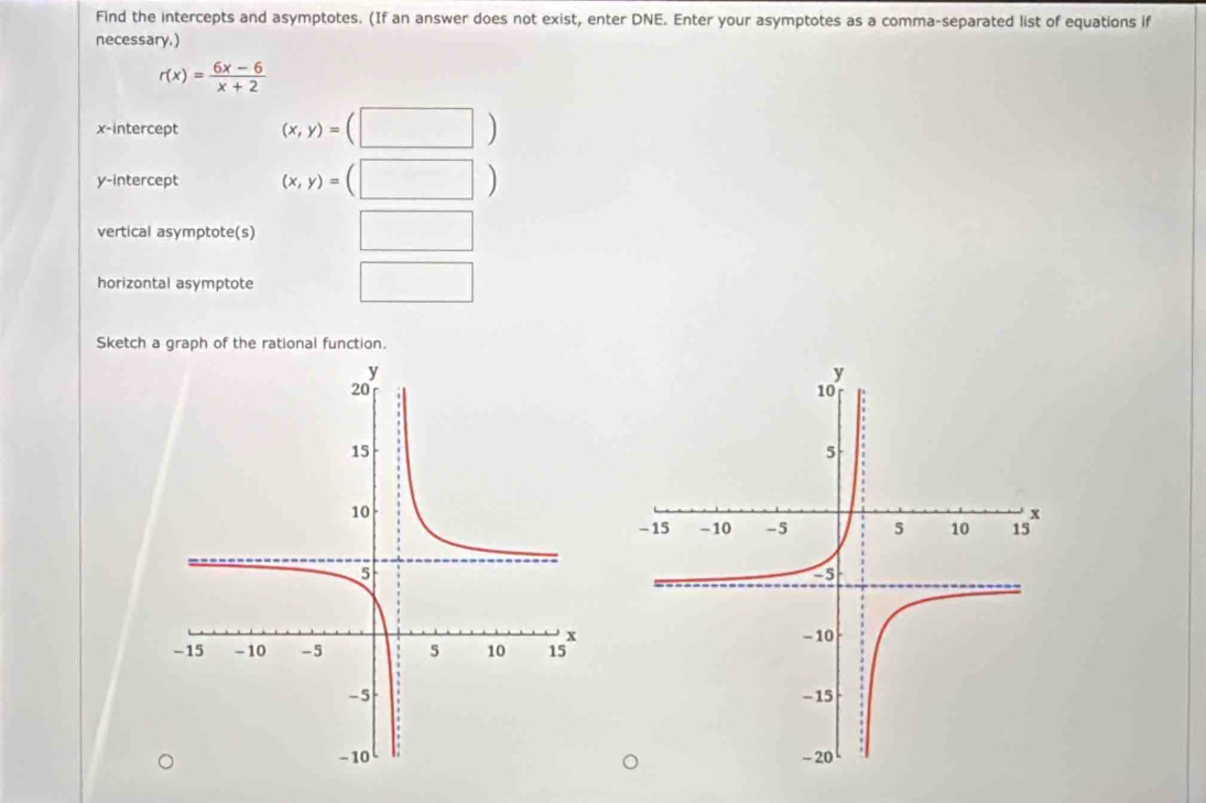 Find the intercepts and asymptotes. (If an answer does not exist, enter DNE. Enter your asymptotes as a comma-separated list of equations if 
necessary.)
r(x)= (6x-6)/x+2 
x-intercept (x,y)=(□ )
y-intercept (x,y)=(□ )
vertical asymptote(s) □ 
horizontal asymptote □ 
Sketch a graph of the rational function.