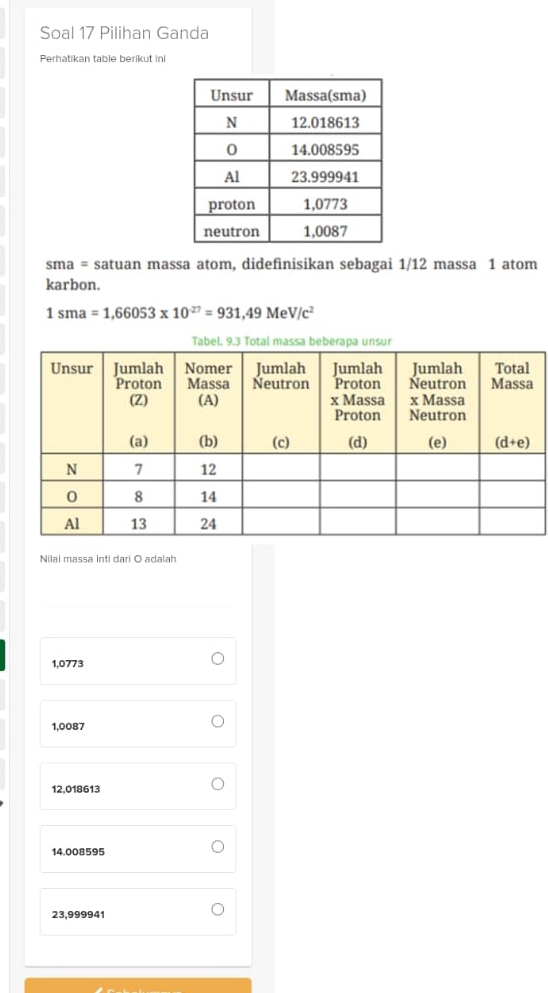 Soal 17 Pilihan Ganda
Perhatikan table berikut ini
sma = satuan massa atom, didefinisikan sebagai 1/12 massa 1 atom
karbon.
1sma=1,66053* 10^(-27)=931,49MeV/c^2
Nilai massa inti dari O adalah
1,0773
1,0087
12,018613
14.008595
23,999941