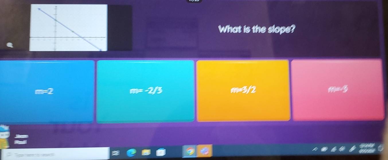 What is the slope?
2
m=-2/3
m=3/2
m=3