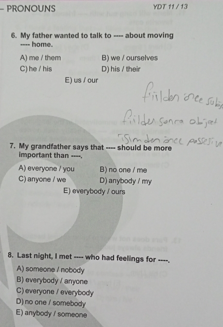 PRONOUNS YDT 11 / 13
6. My father wanted to talk to ---- about moving
---- home.
A) me / them B) we / ourselves
C) he / his D) his / their
E) us / our
7. My grandfather says that ---- should be more
important than ----.
A) everyone / you B) no one / me
C) anyone / we D) anybody / my
E) everybody / ours
8. Last night, I met ---- who had feelings for ----.
A) someone / nobody
B) everybody / anyone
C) everyone / everybody
D) no one / somebody
E) anybody / someone