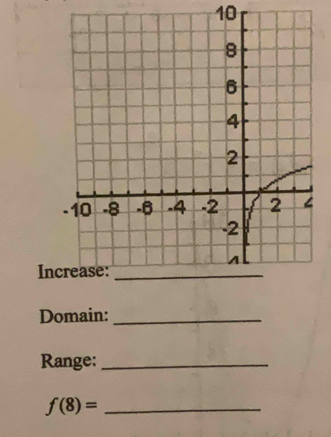 Increase:_ 
Domain:_ 
Range:_
f(8)= _