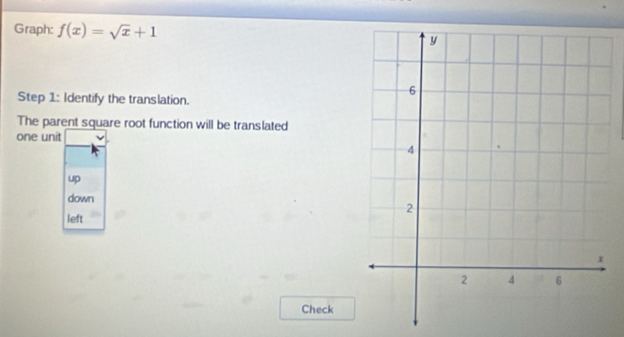 Graph: f(x)=sqrt(x)+1
Step 1: Identify the translation.
The parent square root function will be translated
one unit
up
down
left
Check