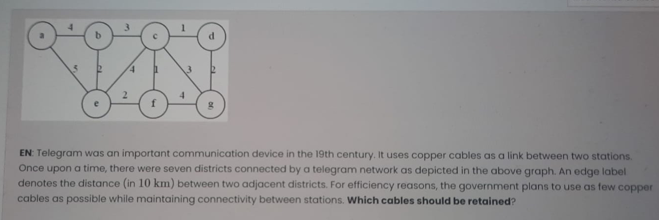 EN: Telegram was an important communication device in the 19th century. It uses copper cables as a link between two stations. 
Once upon a time, there were seven districts connected by a telegram network as depicted in the above graph. An edge label 
denotes the distance (in 10 km) between two adjacent districts. For efficiency reasons, the government plans to use as few copper 
cables as possible while maintaining connectivity between stations. Which cables should be retained?