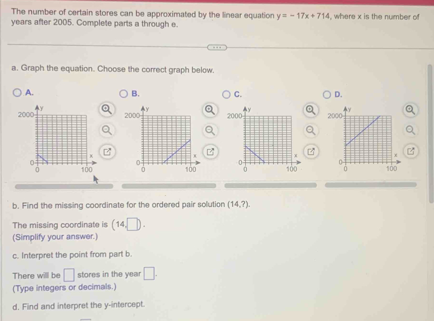 The number of certain stores can be approximated by the linear equation y=-17x+714 , where x is the number of
years after 2005. Complete parts a through e. 
a. Graph the equation. Choose the correct graph below. 
A. B. C. D. 
overline D 

b. Find the missing coordinate for the ordered pair solution (14,?). 
The missing coordinate is (14,□ ). 
(Simplify your answer.) 
c. Interpret the point from part b. 
There will be □ stores in the year □. 
(Type integers or decimals.) 
d. Find and interpret the y-intercept.