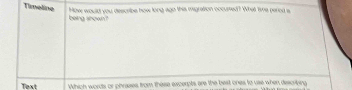 Timeline How would you describe how long ago this migration occurred? What time period is 
being shown? 
Text Which words or phrases from these excerpts are the best ones to use when describing
