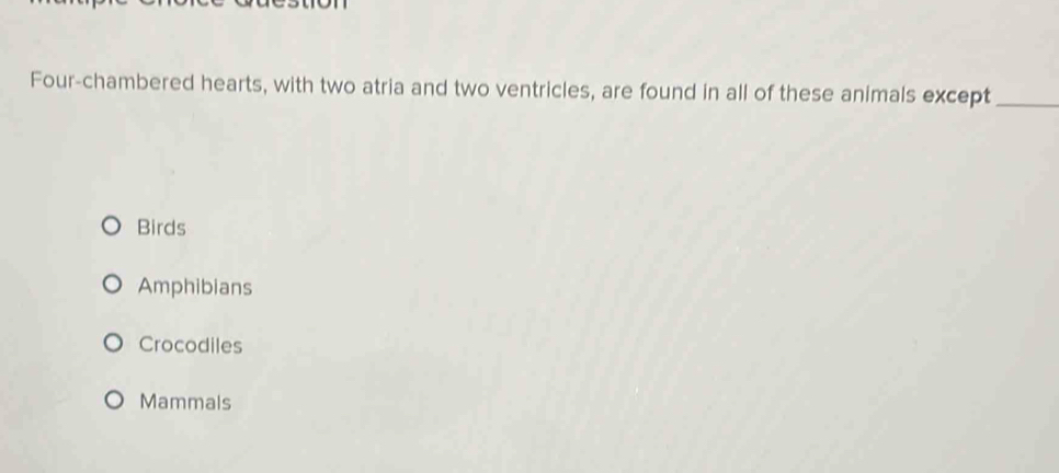 Four-chambered hearts, with two atria and two ventricles, are found in all of these animals except_
Birds
Amphibians
Crocodiles
Mammals