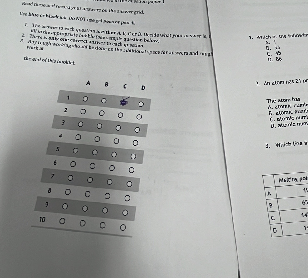 ed in the question paper 1
Read these and record your answers on the answer grid.
Use blue or black ink. Do NOT use gel pens or pencil,
1. The answer to each question is either A, B, C or D. Decide what your answer is,
1. Which of the followin
fill in the appropriate bubble (see sample question below).
2. There is only one correct answer to each question.
A. 1
3. Any rough working should be done on the additional space for answers and rough work at
B. 33
C. 45
the end of this booklet.
D. 86
A B C D
2. An atom has 21 pr
1
The atom has
A. atomic numb
2
B. atomic numb
C. atomic num
3
D. atomic num
4
3. Which line in
5
6
7
oi
8
19
9
5
10
4
1