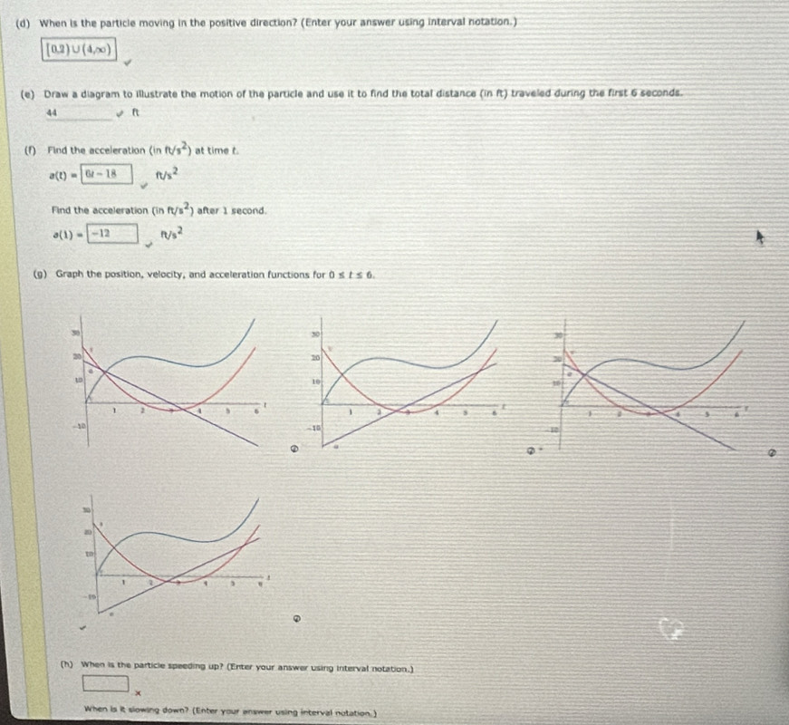 When is the particle moving in the positive direction? (Enter your answer using interval notation.)
[0,2)∪ (4,∈fty )
(e) Draw a diagram to illustrate the motion of the particle and use it to find the total distance (in ft) traveled during the first 6 seconds.
44 != ft
(f) Find the acceleration (inft/s^2) at time t.
a(t)= 6t-18ft/s^2
Find the acceleration (in ft/s^2) after 1 second.
a(1)= -12, f(s^2
(g) Graph the position, velocity, and acceleration functions for 0≤ t≤ 6. 


② 
(h) When is the particle speeding up? (Enter your answer using interval notation.)
□ __x
When is it slowing down? (Enter your answer using interval notation.)