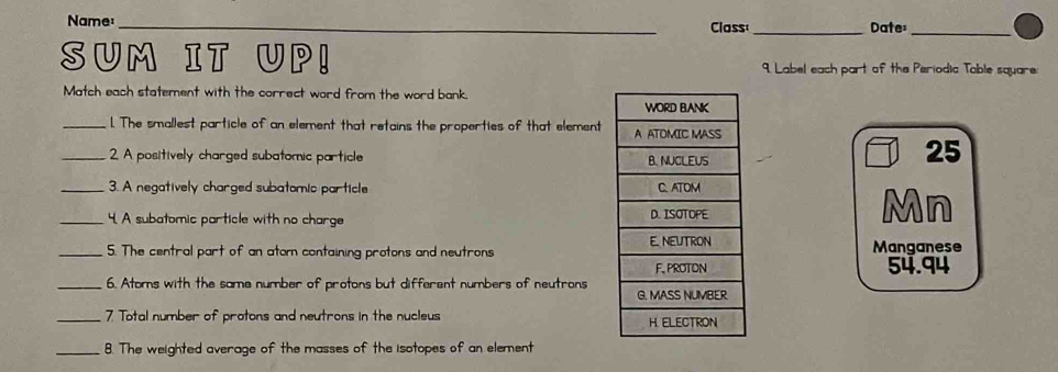 Name:_ 
Class _Date:_ 
SUM IT UP! 9. Label each part of the Periodia Toble square 
Match each statement with the correct word from the word bank. 
_1. The smallest particle of an element that retains the properties of that element 
_2. A positively charged subatomic particle 
25 
_3. A negatively charged subatomic particle 
_4. A subatomic particle with no charge 
Mn 
_5. The central part of an atom containing protons and neutrons Manganese
54.94
_6. Atoms with the same number of protons but different numbers of neutrons 
_7. Total number of protons and neutrons in the nucleus 
_8. The weighted average of the masses of the isotopes of an element