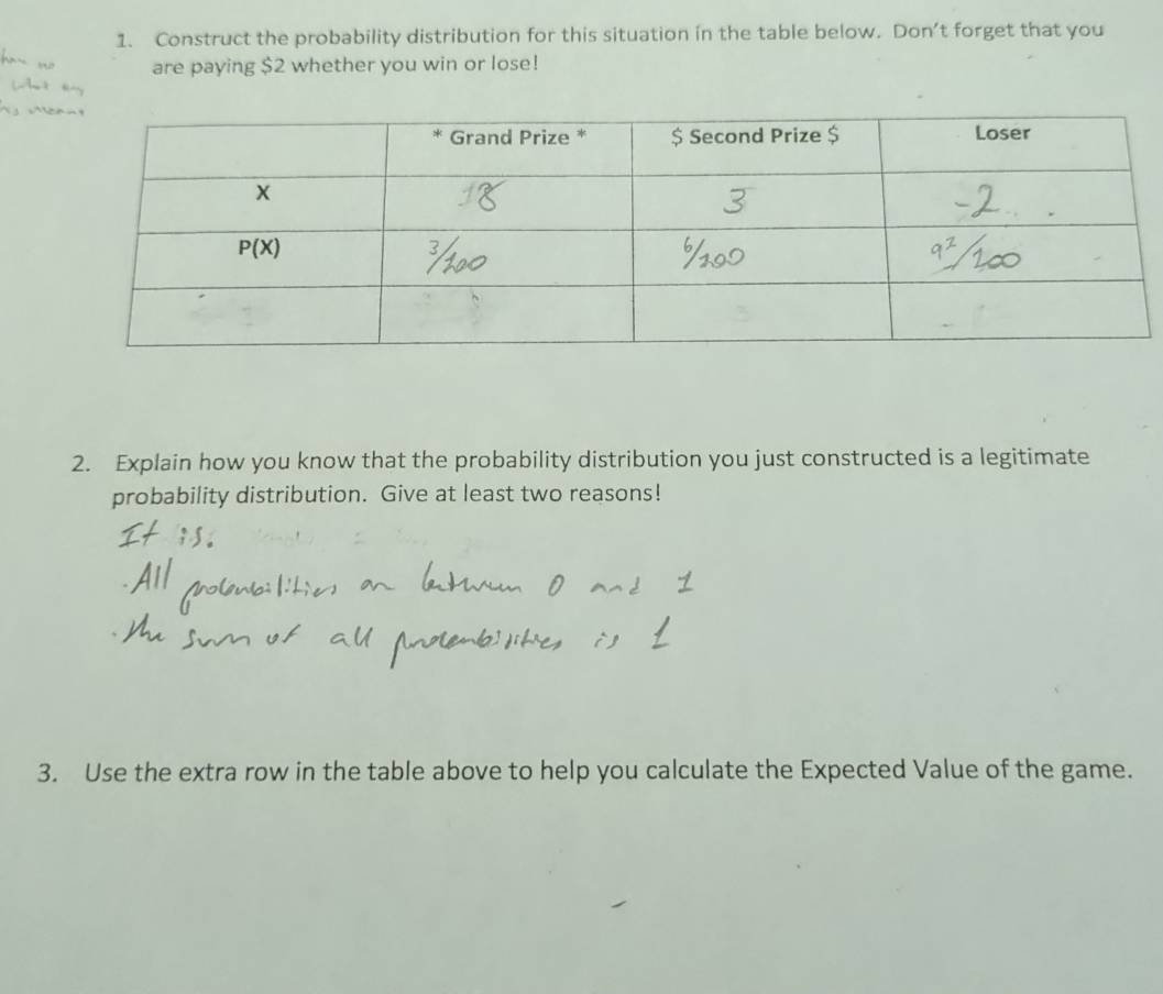 Construct the probability distribution for this situation in the table below. Don't forget that you
are paying $2 whether you win or lose!
2. Explain how you know that the probability distribution you just constructed is a legitimate
probability distribution. Give at least two reasons!
3. Use the extra row in the table above to help you calculate the Expected Value of the game.