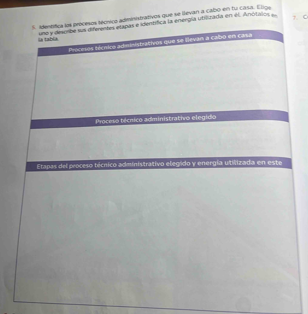 os técnico administrativos que se llevan a cabo en tu casa. Elige 
fica la energía utilizada en él. Anótalos en 7. C