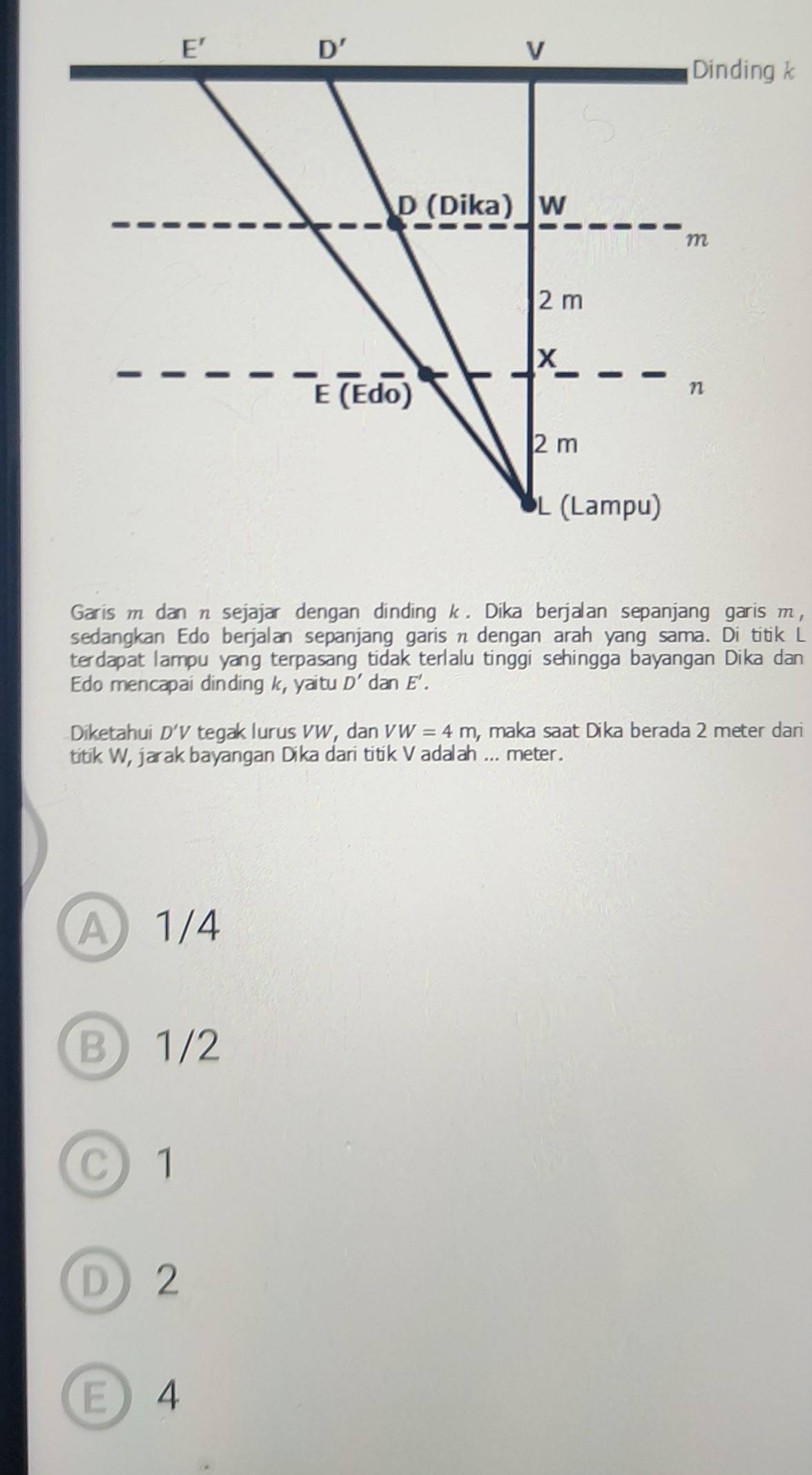 Garis m dan π sejajar dengan dinding k. Dika berjalan sepanjang garis m,
sedangkan Edo berjalan sepanjang garis n dengan arah yang sama. Di titik L
terdapat lampu yang terpasang tidak terlalu tinggi sehingga bayangan Dika dan
Edo mencapai dinding k, yaitu D' dan E'.
Diketahui D'V tegak lurus VW, dan VW=4m, , maka saat Dika berada 2 meter dari
titik W, jarak bayangan Dika dari titik V adalah ... meter.
A 1/4
B1/2
C) 1
D2
E4