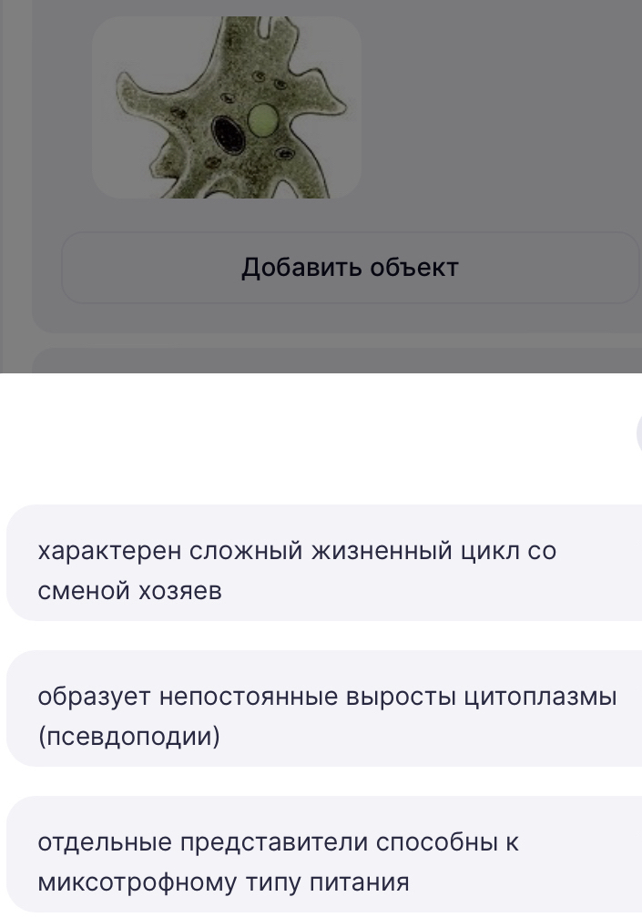 Добавить объект 
Χарактерен сложный жизненный цикл со 
Cменой хозяев 
образует непостоянные выросты цитоплазмы 
(псевдоподии) 
отдельные представители способнь к 
МиΚсоΤрофному Τиπу πиτания