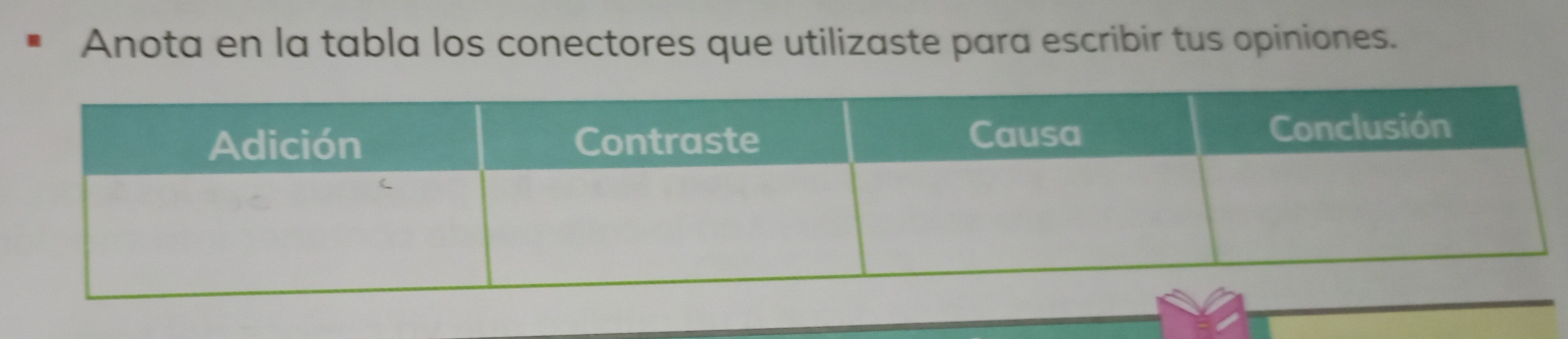 Anota en la tabla los conectores que utilizaste para escribir tus opiniones.