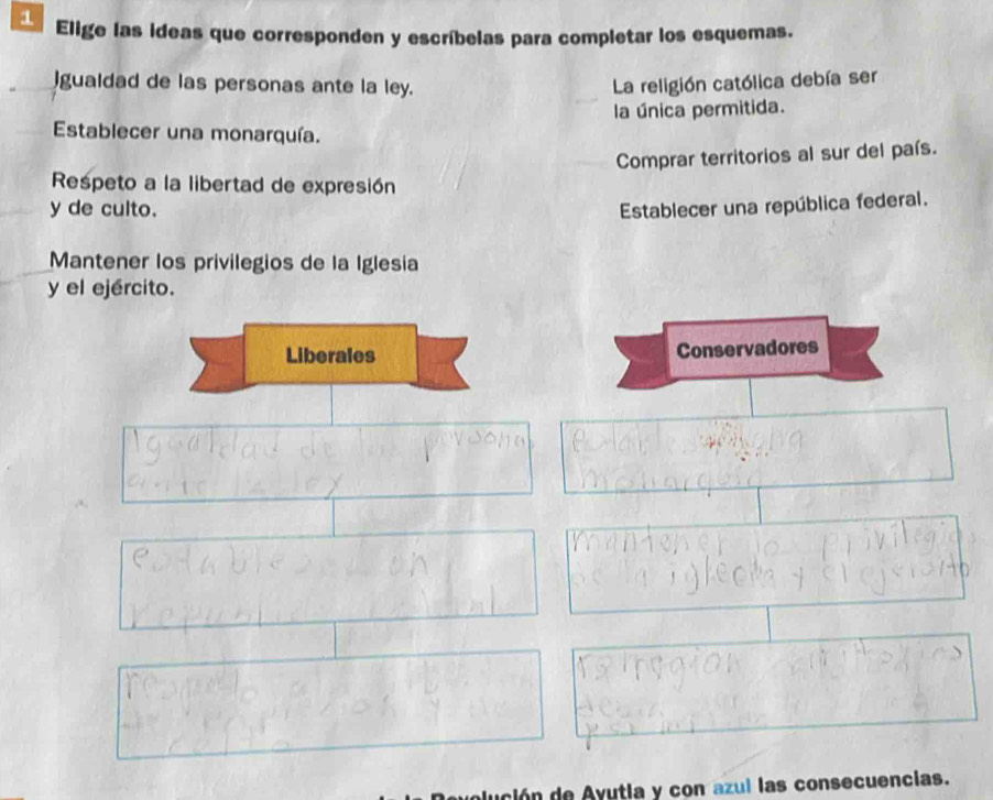 Elige las ideas que corresponden y escríbelas para completar los esquemas.
)gualdad de las personas ante la ley. La religión católica debía ser
la única permitida.
Establecer una monarquía.
Comprar territorios al sur del país.
Respeto a la libertad de expresión
y de culto. Establecer una república federal.
Mantener los privilegios de la Iglesia
y el ejército.
Liberales Conservadores
alución de Ayutia y con azul las consecuencias.