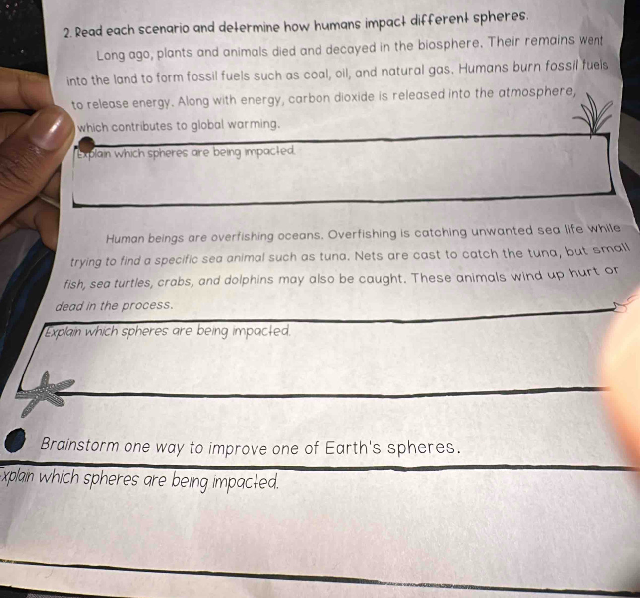 Read each scenario and determine how humans impact different spheres ...
