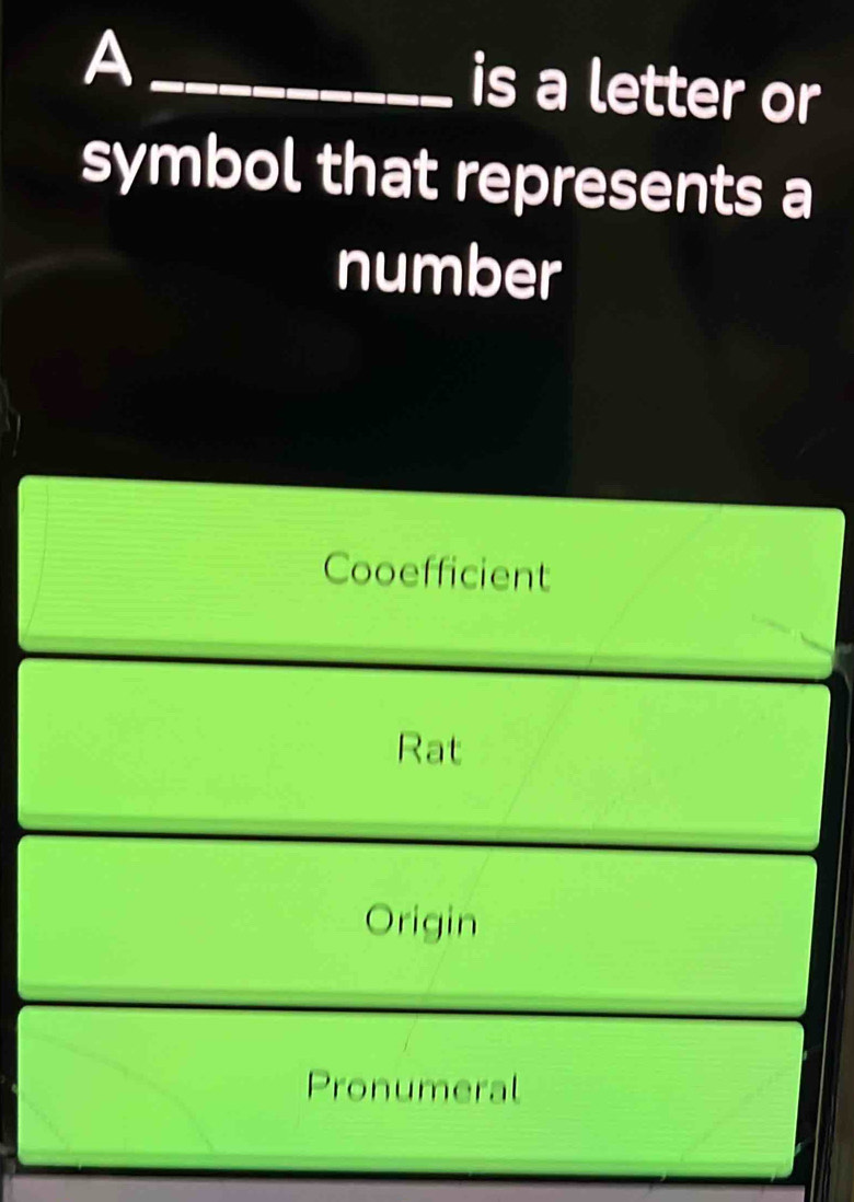 A _is a letter or
symbol that represents a
number
Cooefficient
Rat
Origin
Pronumeral