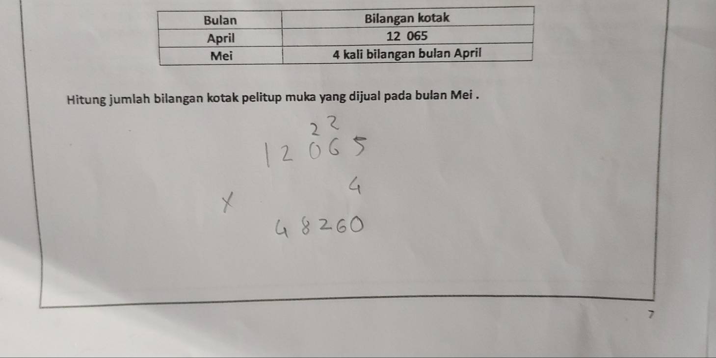 Hitung jumlah bilangan kotak pelitup muka yang dijual pada bulan Mei . 
7