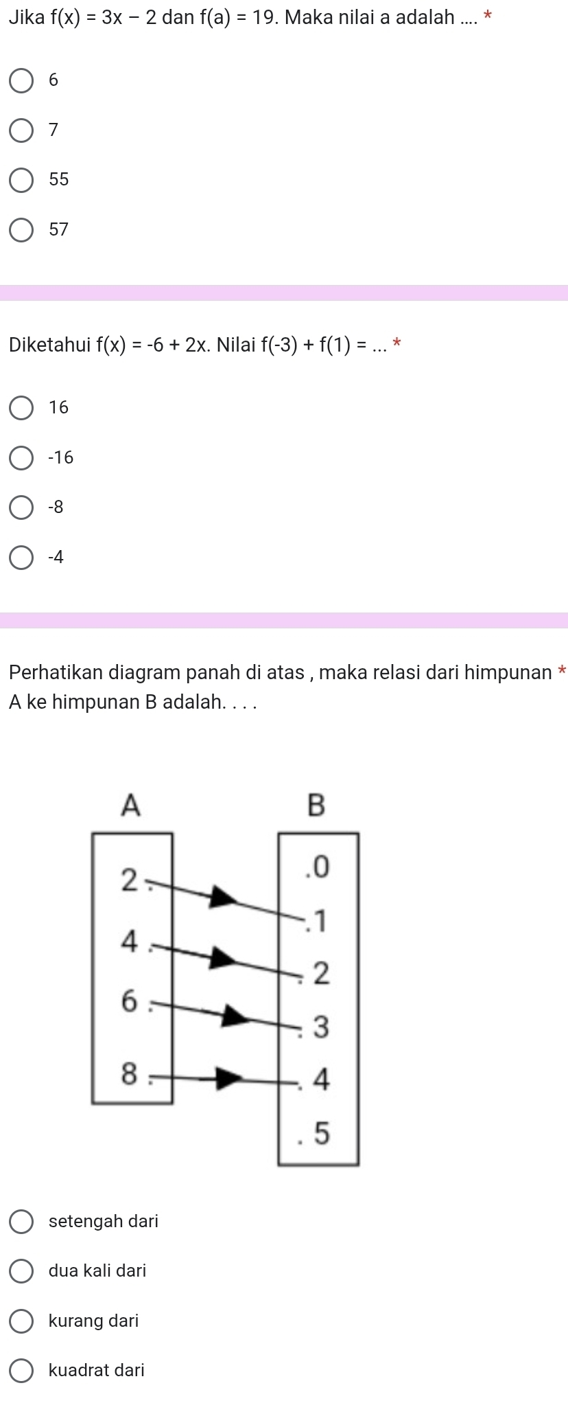 Jika f(x)=3x-2 dan f(a)=19. Maka nilai a adalah .... *
6
7
55
57
Diketahui f(x)=-6+2x. Nilai f(-3)+f(1)=. *
16
-16
-8
-4
Perhatikan diagram panah di atas , maka relasi dari himpunan *
A ke himpunan B adalah. . . .
setengah dari
dua kali dari
kurang dari
kuadrat dari