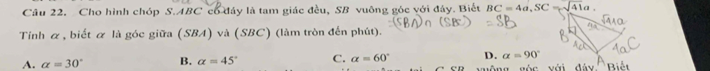 Cho hình chóp S. ABC có đáy là tam giác đều, SB vuông góc với đảy. Biết BC=4a, SC=sqrt(41)a. 
Tinh α, biết α là góc giữa (SBA) và (SBC) (làm tròn đến phút).
A. alpha =30° B. alpha =45° C. alpha =60° D. alpha =90°
vuộng góc với đảy Biết