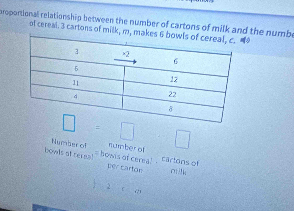 proportional relationship between the number of cartons of milk and the numbe
of cereal. 3 cartons of milk, m,
□ =□ □
Number of number of
bowls of cereal = bowls of cereal cartons of
per carton milk
2 x_2=0 m