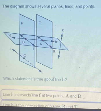 The diagram shows several planes, lines, and points.
Which statement is true about line h?
Line h intersects line f at two points, A and B
ine h is the intersection of planes R and T